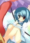  :q absurdres bad_id bad_pixiv_id blue_eyes blue_hair blush heterochromia highres karakasa_obake legs oriental_umbrella panties pantyshot purple_umbrella red_eyes solo striped striped_panties tatara_kogasa tongue tongue_out touhou umbrella underwear unjou_takehiro upskirt 