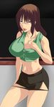  :p breasts brown_hair cleavage glasses grey_eyes highres ksaiki large_breasts long_hair midriff open_clothes open_shirt original shirt skirt teacher tongue tongue_out undressing 