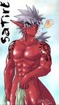  blue_eyes kuron male muscles nude pointy_ears scalie solo standing tail tattoo wet 