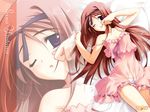  babydoll brown_hair fujiwara_warawara hairband haruka_ni_aogi_uruwashi_no long_hair lying on_back one_eye_closed panties purple_eyes see-through solo underwear wallpaper white_panties yaotome_shino yawning zoom_layer 