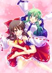  :o arms_up bare_legs bare_shoulders barefoot blush bow brown_eyes brown_hair detached_sleeves feet green_eyes green_hair hair_bow hair_ornament hakurei_reimu hug hug_from_behind kochiya_sanae leg_lock long_hair multiple_girls saki_chisuzu touhou 