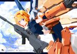  blonde_hair blue_eyes blush bodysuit breasts charlotte_dunois cloud day english gun hairband highres infinite_stratos letterboxed lips mecha_musume medium_breasts midriff outside_border pemu pilot_suit rafale_revive_custom_ii sky smile solo weapon 