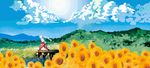  bridge cloud day flower fujiwara_no_mokou hill landscape ponytail river sano_sanoko sky solo summer sun sunflower touhou walking white_hair 