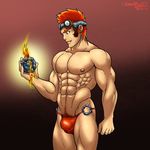  abs chest fire gradient gradient_background lowres magcargo male male_focus muscle panties pecs pokemon red_hair solo thong underwear 