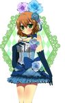  1girl alternate_costume bad_id bad_pixiv_id bare_shoulders blue_choker blue_flower blue_rose blush bow brown_hair choker dress flower frills gloves green_eyes hair_flower hair_ornament hand_on_own_chest jewelry natalia_luzu_kimlasca_lanvaldear purple_flower purple_rose ribbon rose short_hair solo tales_of_(series) tales_of_the_abyss 