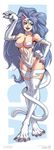  1girl :d animal_ears arm_up bangs big_hair blue_eyes blue_hair breasts capcom cat_ears cat_tail character_name curvy fang felicia fur game jpeg_artifacts kevin_lau large_breasts legs_crossed long_hair long_image nekomimi open_mouth paws pose smile solo standing stick_poster tail tall_image udon_entertainment vampire_(game) very_long_hair wavy_hair wide_hips 