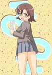  akagi_sena blazer blush bob_cut book brown_eyes brown_hair fujoshi glasses jacket looking_back masakichi_(crossroad) ore_no_imouto_ga_konna_ni_kawaii_wake_ga_nai school_uniform short_hair skirt solo translated 