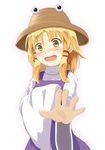  bad_id bad_pixiv_id blush foreshortening hands hat highres momo_no_kanzume moriya_suwako open_mouth outstretched_arm outstretched_hand short_hair solo tears touhou wavy_mouth wide_sleeves yellow_eyes 