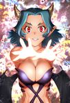  bare_shoulders breasts cleavage copyright_request demon_girl demon_wings fangs glowing glowing_hand green_hair grin horns large_breasts navel pointy_ears reaching red_eyes short_hair smile solo ueyama_michirou wings 