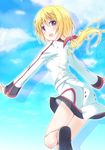  bad_id bad_pixiv_id banned_artist blonde_hair blush charlotte_dunois cloud day infinite_stratos long_hair mirai_(macharge) no_socks open_mouth ponytail purple_eyes ribbon school_uniform sky smile solo 