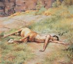 centaur equine grass hooves horse human male mammal nude painting peter_churcher sheath solo taur unconscious wounded 