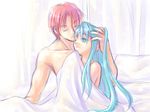  after_sex aftersex aqua_eyes aqua_hair bare_shoulders bed couple covering curtain curtains eirika eyes_closed fire_emblem fire_emblem:_seima_no_kouseki fire_emblem_sacred_stones hand_on_head happy hug knight long_hair nude nude_cover one_eye_closed pillow princess red_hair seth short_hair sitting smile under_covers very_long_hair wink 