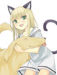  blonde_hair canine cat_ears catgirl dog dress female feral green_eyes hair long_blonde_hair long_hair mammal plain_background tail unknown_artist white_background 