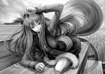  animal_ears apple bad_id bad_pixiv_id food fruit greyscale holo long_hair minusion monochrome solo spice_and_wolf tail wheat wolf_ears 