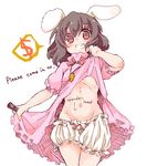  animal_ears areolae bad_id bad_pixiv_id bloomers body_writing brown_hair bunny_ears dollar_sign dress dress_lift english flat_chest grin groin inaba_tewi looking_at_viewer marker navel oekaki red_eyes shirt_lift short_hair smile solo speech_bubble takamura touhou underwear white_bloomers 