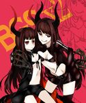  :q asymmetrical_docking bad_id bad_pixiv_id banned_artist bikini_top black_gold_saw black_hair black_rock_shooter breast_press coat dual_persona horns king_saw long_hair midriff multiple_girls pale_skin red_eyes shorts smile time_paradox tongue tongue_out tribute 