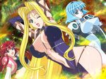  3girls arms_up blonde_hair blue_eyes blue_hair bodysuit breasts cleavage dita_liebely dress green_eyes hand_on_hip happy jura_basil_elden kuroda_kazuya large_breasts lipstick long_hair looking_at_viewer makeup meia_gisborn midriff multiple_girls navel open_mouth red_hair short_hair smile standing tank_top vandread very_long_hair wink 