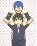  angel_beats! blue_hair closed_eyes forced_smile green_hair hiiro_5-sai hinata_(angel_beats!) male_focus mouth_pull multiple_boys naoi_ayato school_uniform yellow_eyes 