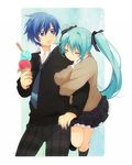  1girl aqua_hair arm_hug bad_id bad_pixiv_id blue_eyes blue_hair closed_eyes couple hair_ribbon hatsune_miku hetero ice_cream_cone kaito long_hair nail_polish necktie open_mouth ribbon shirataki_nako skirt sweater twintails very_long_hair vocaloid 