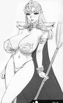  armlet armor bracelet bracelets breasts cape capelet chaos_breaker collar elf fina_(chaos_breaker) helmet highres jewelry large_breasts long_hair lots_of_jewelry mantle monochrome nipple_covers panties pointy_ears shoulder_pads staff thong underwear 