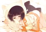  bare_legs bed black_eyes black_hair bob_cut breasts cleavage kurasuke lying medium_breasts no_pants open_clothes original pajamas panties short_hair sleepy solo underwear white_panties 