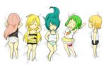  =.w.= aqua_hair armpits blonde_hair chibi face green_hair gumi hatsune_miku kagamine_rin lily_(vocaloid) long_hair megurine_luka multicolored_hair multiple_girls navel open_mouth panties pink_hair short_hair smile underwear vocaloid 