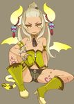  armlet blonde_hair boots demon_girl flat_chest forehead gloves green_eyes high_ponytail horns long_hair markings mota navel nipples original pointy_ears simple_background solo tail tattoo topless wings 