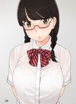  506_(studio_506) arms_behind_back black_hair bow braid breasts brown_eyes dress_shirt face glasses hair_over_shoulder large_breasts lips long_hair original red-framed_eyewear shirt signature simple_background solo twin_braids twintails upper_body 