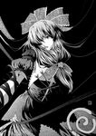  front_ponytail fuu_(futian) greyscale hair_over_one_eye hair_ribbon kagiyama_hina monochrome parted_lips ribbon solo touhou 