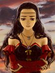  bare_shoulders black_hair bridal_gauntlets brown_eyes cloud clouds crossed_arms dress female gensou_suikoden gensou_suikoden_ii jewelry jillia_blight long_hair maru-pan marupan necklace outdoors pixiv_manga_sample sky solo suikoden suikoden_ii tiara 