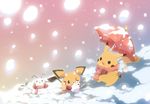  clothed_pokemon evolution gen_1_pokemon gen_2_pokemon no_humans pichu pikachu pokemon pokemon_(creature) raichu scarf shiny_pokemon snow snowman umbrella yoshi_(danball) 