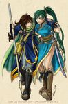  bag boots brown_eyes brown_hair cape carrying couple earrings eye_contact fingerless_gloves fire_emblem fire_emblem:_rekka_no_ken fire_emblem_blazing_sword gloves green_eyes green_hair jewelry katana long_hair looking_at_another lyn lyndis_(fire_emblem) one_eye_closed pants ponytail side_slit staff sword tactician tactician_(fire_emblem) very_long_hair walking weapon wink worried 
