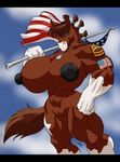  american_flag black_nipples breasts brown brown_hair dog_tags equine female flag gideon green_eyes hair horse macro mare military muscles nipples nude officer pussy sergeant_first_class solo standing tail white 