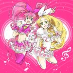  :3 :d beamed_eighth_notes blonde_hair blue_eyes boots bow brooch cat choker cure_melody cure_rhythm curly_hair earrings eighth_note eyelashes frills full_body green_eyes hair_ribbon happy heart highres houjou_hibiki hummy_(suite_precure) jewelry long_hair magical_girl mascot midriff minamino_kanade multiple_girls musical_note navel open_mouth pink_background pink_bow pink_choker pink_hair pink_legwear precure ribbon sixteenth_note skirt smile suite_precure thighhighs tihori-t treble_clef twintails white_choker wrist_cuffs zettai_ryouiki 
