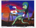  absurd_res blue_eyes desiree female hi_res huge james_m_hardiman lizard mohawk paint painting scalie solo sunset 