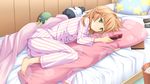  bed blonde_hair game_cg green_eyes hatsukoi_sacrament pajamas phone purple_software tagme 