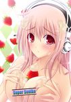  absurdres breasts cream fingernails food fruit headphones highres large_breasts long_fingernails long_hair nitroplus pink_hair red_eyes sexually_suggestive solo strawberry super_sonico wakaba0801 