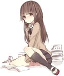  amagami bad_id bad_pixiv_id black_legwear blush book brown_eyes brown_hair full_body hime_cut kamizaki_risa kibito_high_school_uniform kneehighs long_hair long_sleeves looking_at_viewer meet_neet pleated_skirt school_uniform shoes simple_background sitting skirt sleeves_past_wrists solo sweater uwabaki 