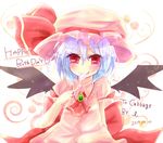  ascot bat_wings blue_hair blush bow brooch dress eating fang happy_birthday hat jewelry pink_dress red_eyes remilia_scarlet rito_(rito07) short_hair smile solo spoon touhou wings 
