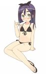  bikini blush bow female flat_chest full_body green_eyes hair_bow highres long_hair navel open_mouth original oza_watto popsicle purple_hair sandals simple_background sitting solo swimsuit tongue white_background 