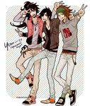  3boys bandana belt black_eyes black_hair brown_eyes brown_hair casual contemporary date_masamune_(sengoku_basara) denim eyepatch facial_mark green_eyes grin hair_ornament hairclip jacket jeans jewelry long_hair long_sleeves maeda_keiji male_focus multiple_boys necklace one_eye_closed open_mouth pants ponytail sarutobi_sasuke scrunchie sengoku_basara sharp_teeth shoes smile sneakers teeth temari114 v vest 