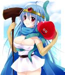  ahoge bangs behoma_slime between_breasts black_eyes blue_hair blush breasts cape carrying circlet cleavage cloud consensual_tentacles covered_nipples cowboy_shot day dragon_quest dragon_quest_iii dress elbow_gloves gem gloves grin hair_between_eyes hand_on_another's_head holding large_breasts long_hair looking_at_viewer monster outdoors profile red_eyes red_skin sage_(dq3) short_dress shoulder_carry sky smile staff standing taut_clothes taut_dress tentacles tentacles_under_clothes very_long_hair yukian 