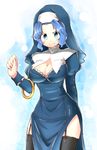  alternate_costume bad_id bad_pixiv_id black_legwear blue_eyes blue_hair bracelet breasts cleavage garter_straps habit hat hood jewelry kumoi_ichirin large_breasts naka_akira nun short_hair side_slit smile solo thighhighs touhou 