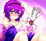  1girl bare_shoulders blush breasts camisole cleavage collarbone eyeball hairband heart highres komeiji_satori large_breasts off_shoulder open_mouth purple_eyes purple_hair short_hair solo strap_slip sweat sweatdrop third_eye touhou undressing yakusui 