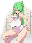  breasts competition_swimsuit frog green_hair hair_ornament kochiya_sanae large_breasts long_hair ogata_mamimi one-piece_swimsuit snake solo swimsuit touhou yellow_eyes 