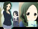  akiyama_mio black_eyes blush braid extra gift green_hair holding holding_gift k-on! kisuke_(akutamu) long_hair multiple_girls sasaki_youko school_uniform twin_braids 