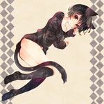  animal_ears ass bare_shoulders black_hair black_legwear cat_ears cat_tail fish kneehighs long_sleeves lying no_panties off_shoulder on_side original otsuo short_hair sleeves_past_wrists solo tail 