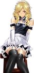  apron bar_stool bare_shoulders black_legwear blonde_hair blue_eyes elbow_gloves gloves k2isu legs maid maid_headdress original sitting smile solo stool thighhighs waist_apron zettai_ryouiki 