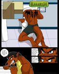  biceps black_hair blue_eyes canine claws clothed clothing comic croc_(crocdragon89) crocdragon89 dialog english_text gay hair half-dressed kneeling male tattoo text topless 