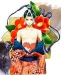  androgynous atlus flower futomimi highres japanese_clothes kimono male male_focus shin_megami_tensei solo tattoo 